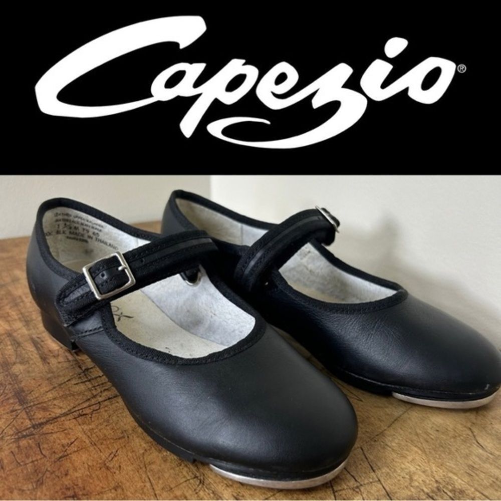 Capezio velcro black Mary Jane tap shoes, Girls size 1.5, see pix of blemishes